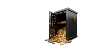 Image of an open safe overflowing with gold coins and bars, representing the Cashback Bonus at R7 Casino.